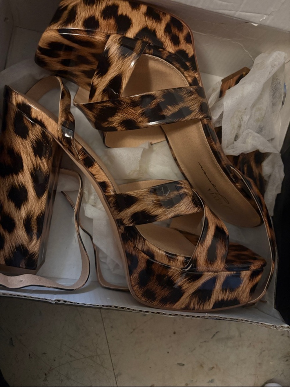 Leopard Print Platform Sandals with High Block Heel - Brown/Black